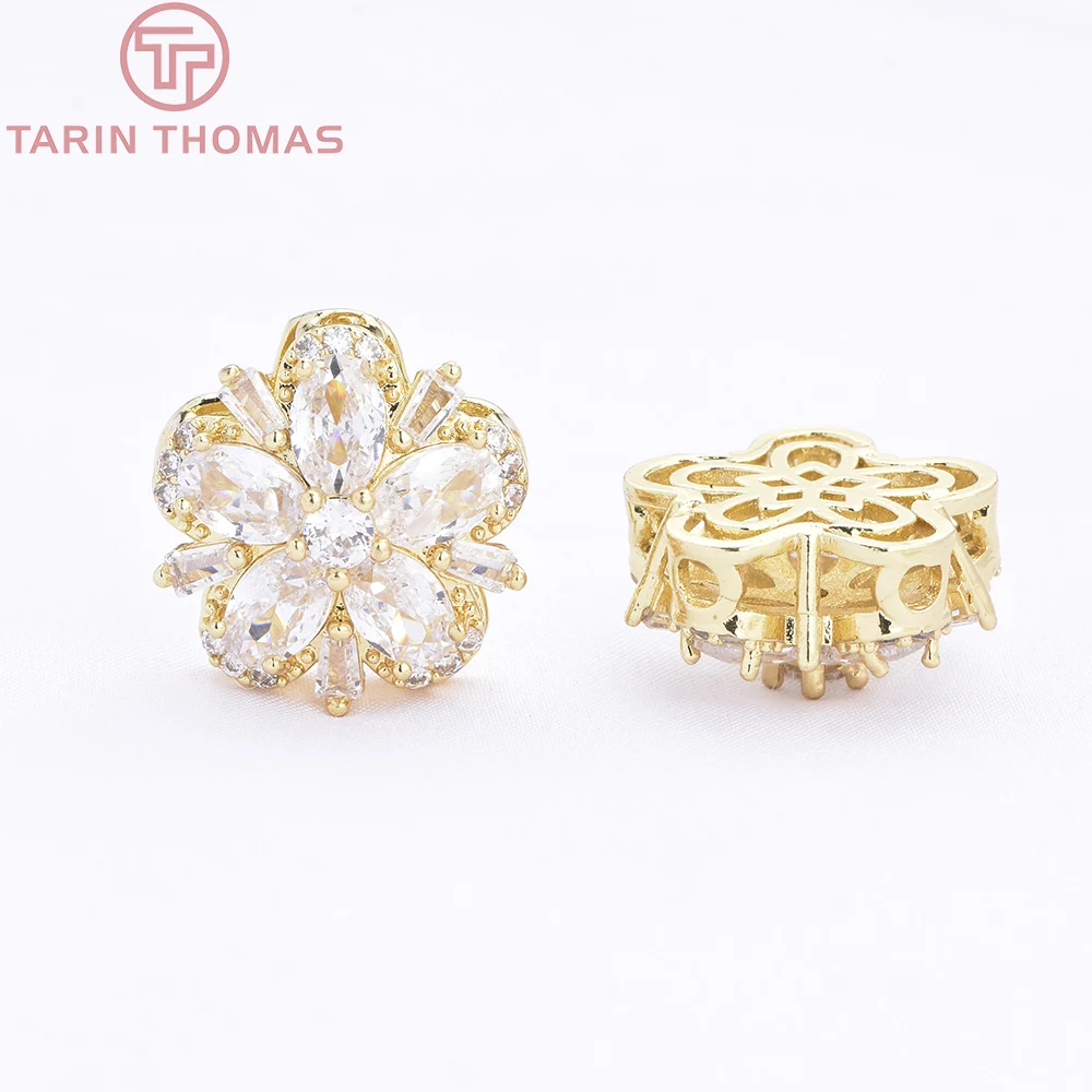 (10220)4PCS 16MM 18K Gold Color Brass with Zircon Flower Shaped Beads Bracelet Beads High Quality Diy Jewelry Making Accessories