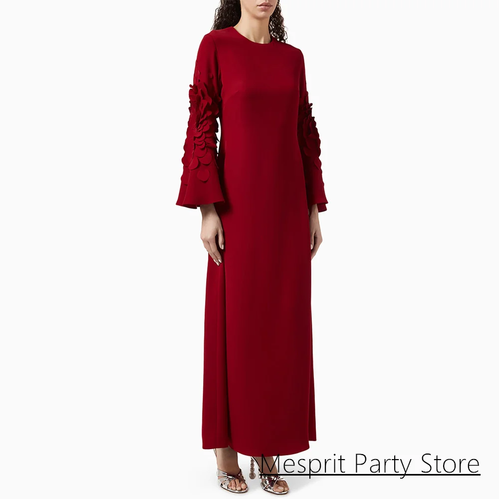 Woman Burgundy Evening Dress Customized Flare Sleeves Round Neck Floral Petal Ankle Length Saudi Arabic Prom Gown Dresses