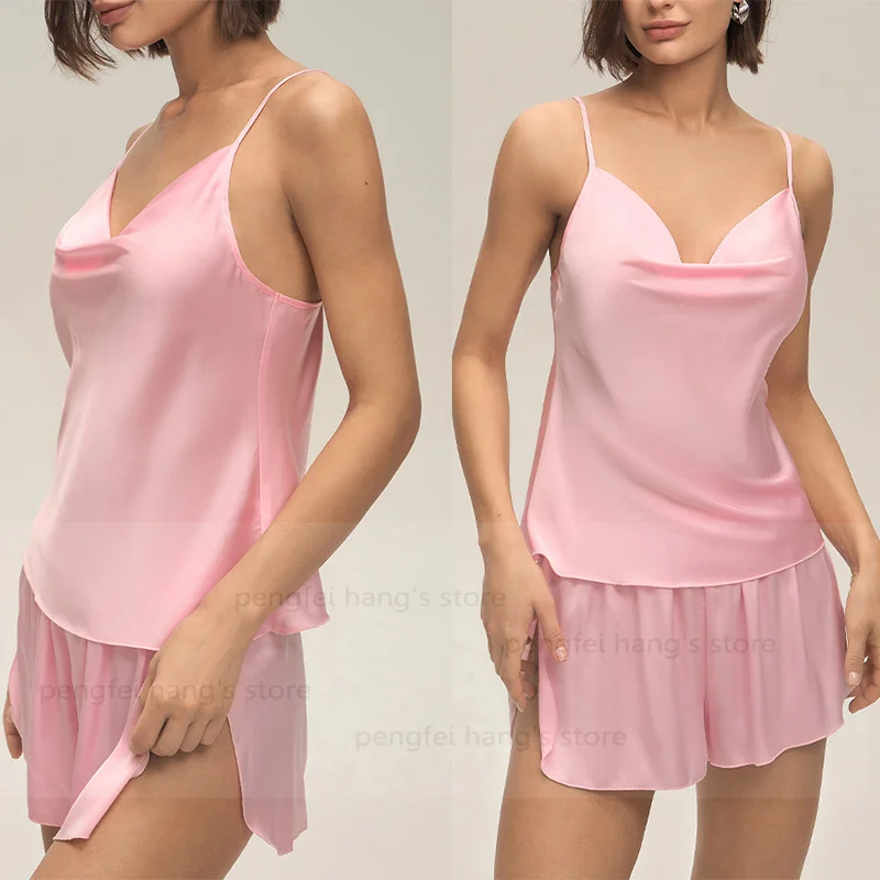 

Новые розовые пижамные комплекты без рукавов, сексуальный топ с распашным воротником, шорты, Pijama Mujer, 2 шт., нижнее белье, домашняя одежда, ночное белье, нижнее белье