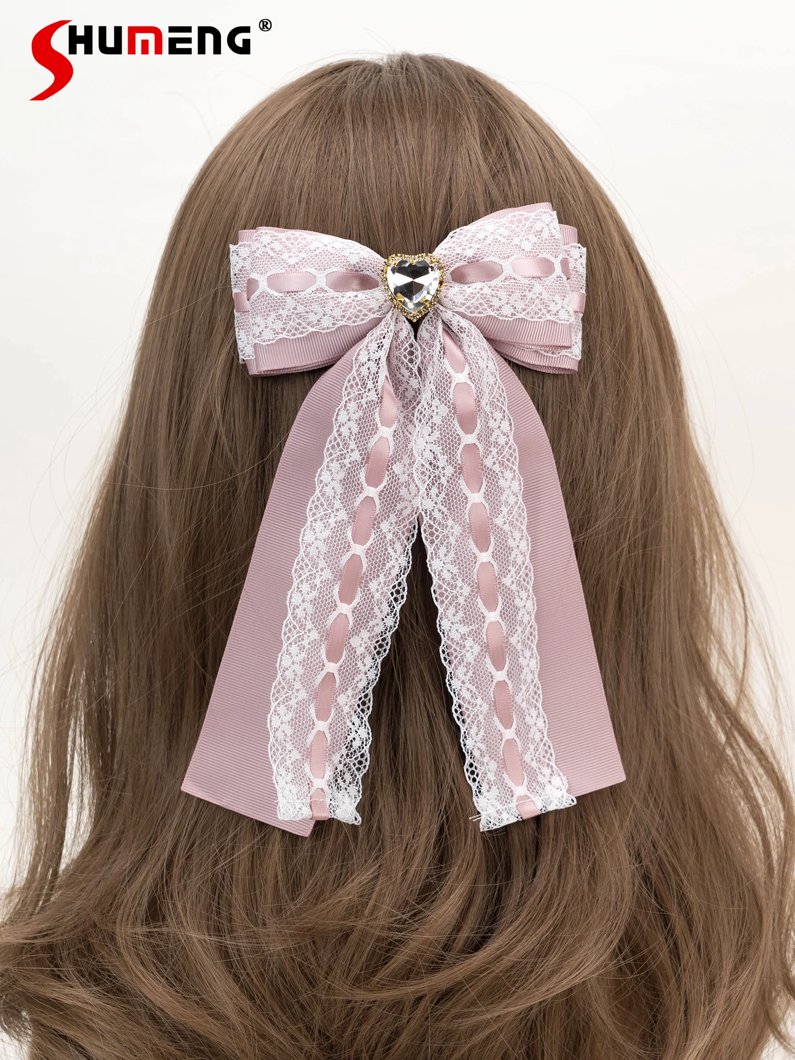 Sweet Mine Mass-Produced Lace Black Brooch Lolita Large Rhinestone Love Heart Bow Tie Brooch Bow Tie Barrettes Hair Accessories