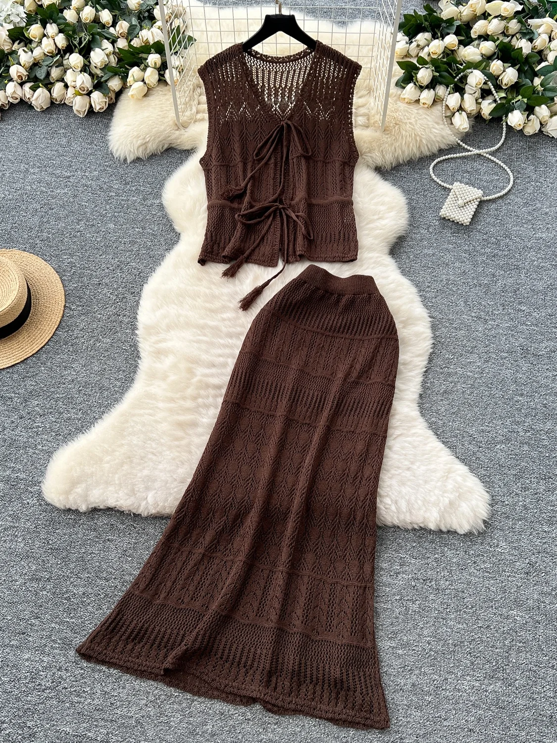 Conjunto de falda ajustada de cintura alta para mujer, Top de punto calado sin mangas con nudo atado, moda informal de ve...
