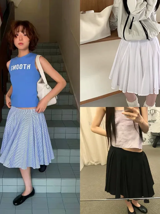 

High Waist Midi Skirt Women's Striped Slimming Versatile Cotton Gingham Pleated Short Skirt College Style All-Match Umbrella ...