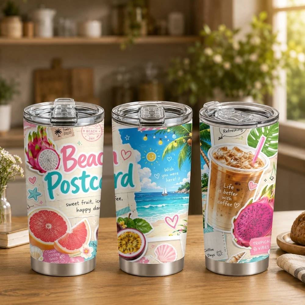 Termos de café Tropic Beach Coffee Art de 20 oz con 2 tapas y pajita reutilizable, vaso de doble pared para bebidas frías o calientes