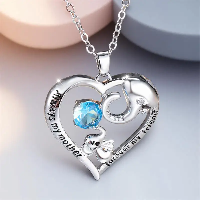 Female Aqua Blue Crystal Zircon Love Heart Pendant Necklace Vintage Silver Color Wedding Jewelry For Women Mother's Day Gifts
