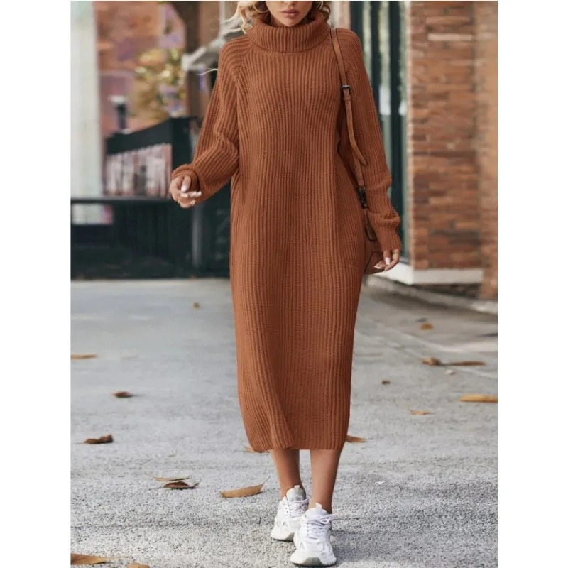 Women Solid Color Loose High Collar A Long Sweater 2023 Autumn Winter New Dress Sweater Women Long Sleeve Knitted Dress Sweater