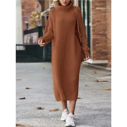 Frauen einfarbig locker hoher Kragen ein langer Pullover 2023 Herbst Winter neuer Kleid Pullover Frauen Langarm gestrickt Kleid Pullover