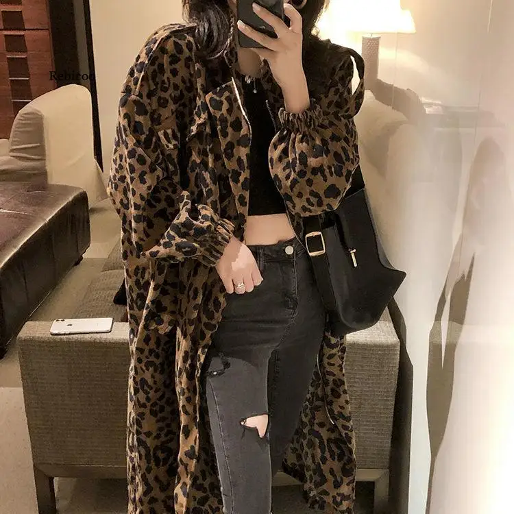 New Women\'s Casual Leopard trench coat oversize Vintage Casual Spring Autumn  windbreaker Outwear Loose Clothing