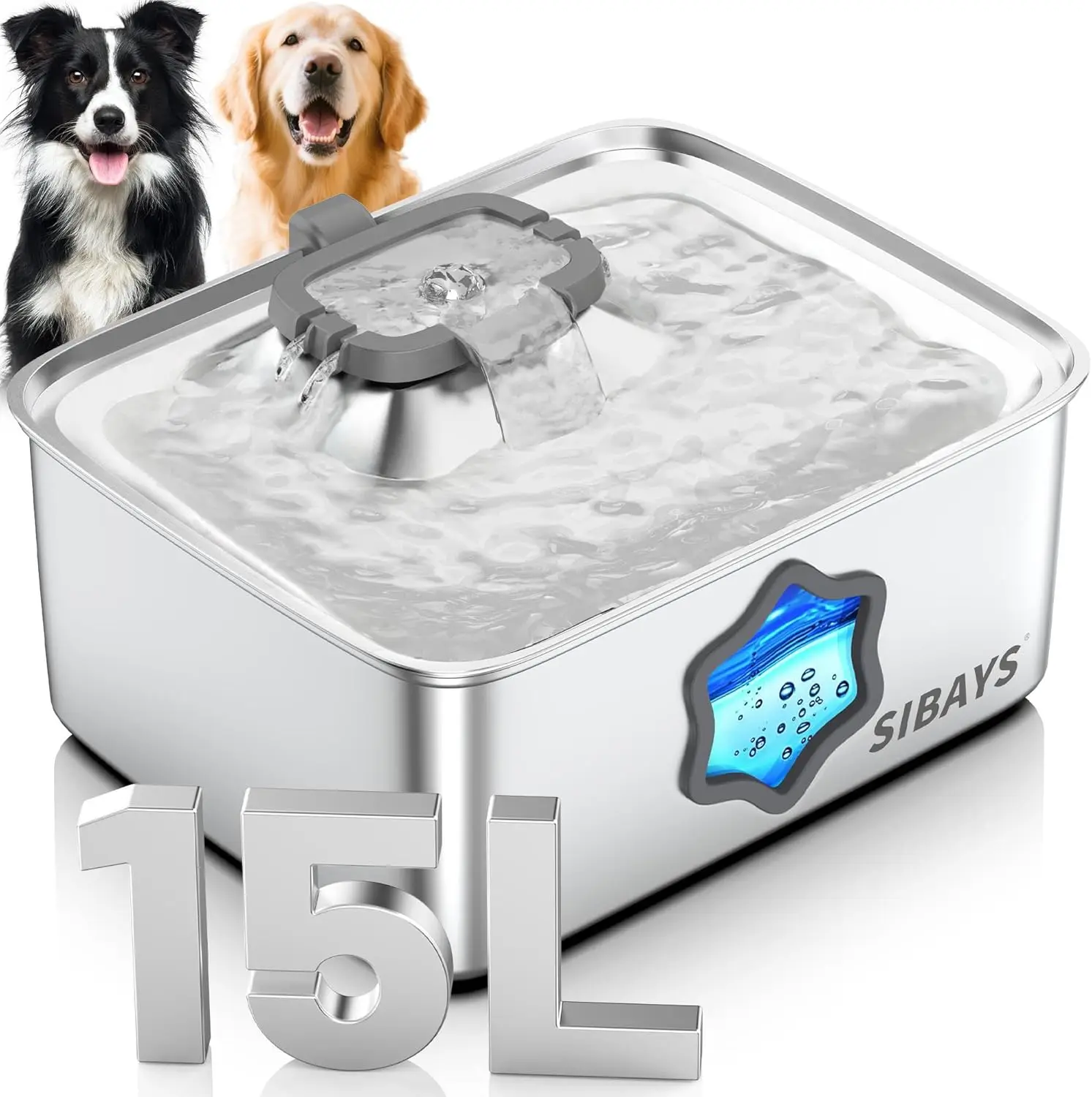 

15L Stainless Steel Dog Water Fountain with LED Light, Quiet Automatic Dispenser for Large Dogs & Multi-Pet, Easy to Clean