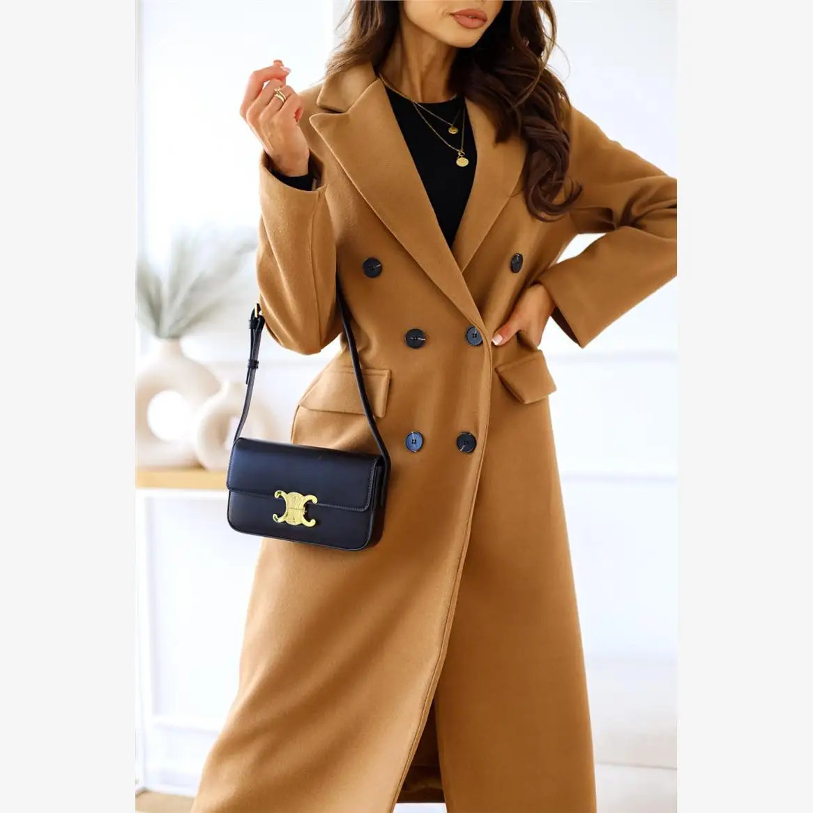 EABY Best Selling Women's Woolen Coat Long Sleeve Notch Collar Button up Autumn Winter Simple Double Breasted Outerwear