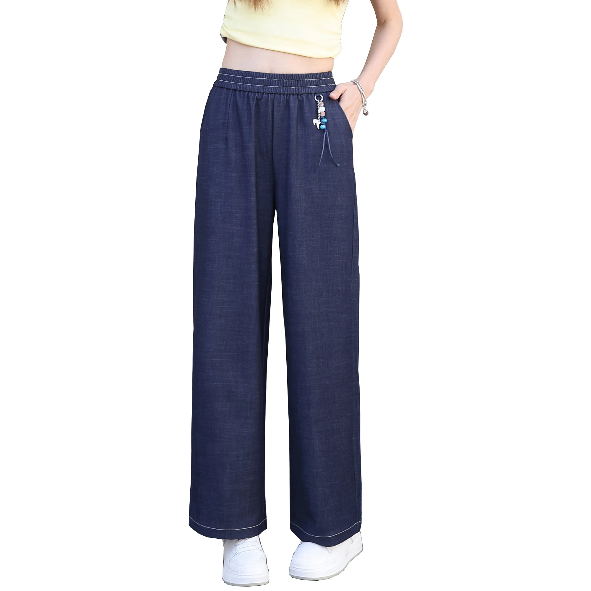 Pantalon droit femme printemps/été 2026, pantalon large bleu foncé, taille élastique, jean en lin doux, pantalon femme