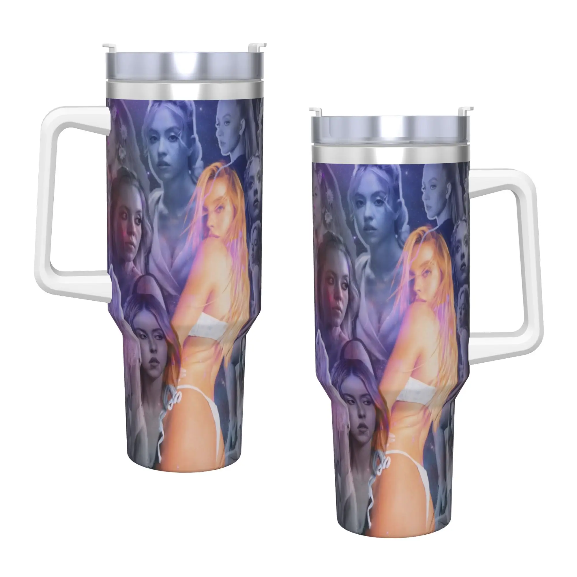 

sydney sweeney Car Mugs With Straws Travel Cold and Hot Water Bottle Portable Large Capacity Coffee Mug