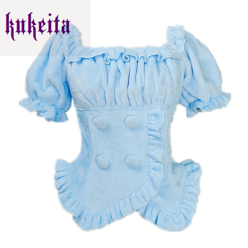 Kukeita Harajuku Gothic Lolita Shirt Japanese Y2k Sweet Bow Ruffles Blouse Solid Plush Warm Kawaii Tops Women Elegant Clothes
