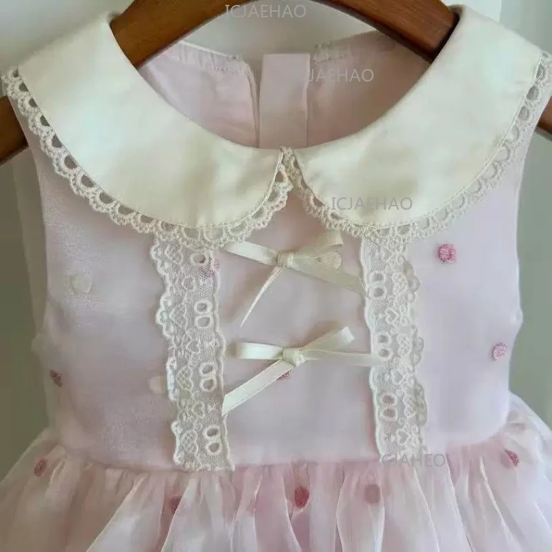 2026 Children Girls Pink LolitaDress Kids Embroidery Tulle Tutu Holiday Birthday Party Costume Princess Summer New Sleeveless
