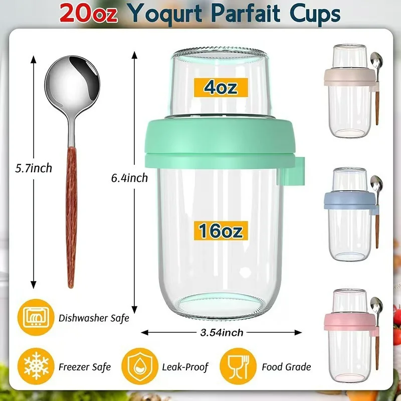 Overnight Oats Containers with Lids and Spoons Dual-Layer Glass Mason Jars with Dry and Wet Separation for Oatmeal Salad Yogurt