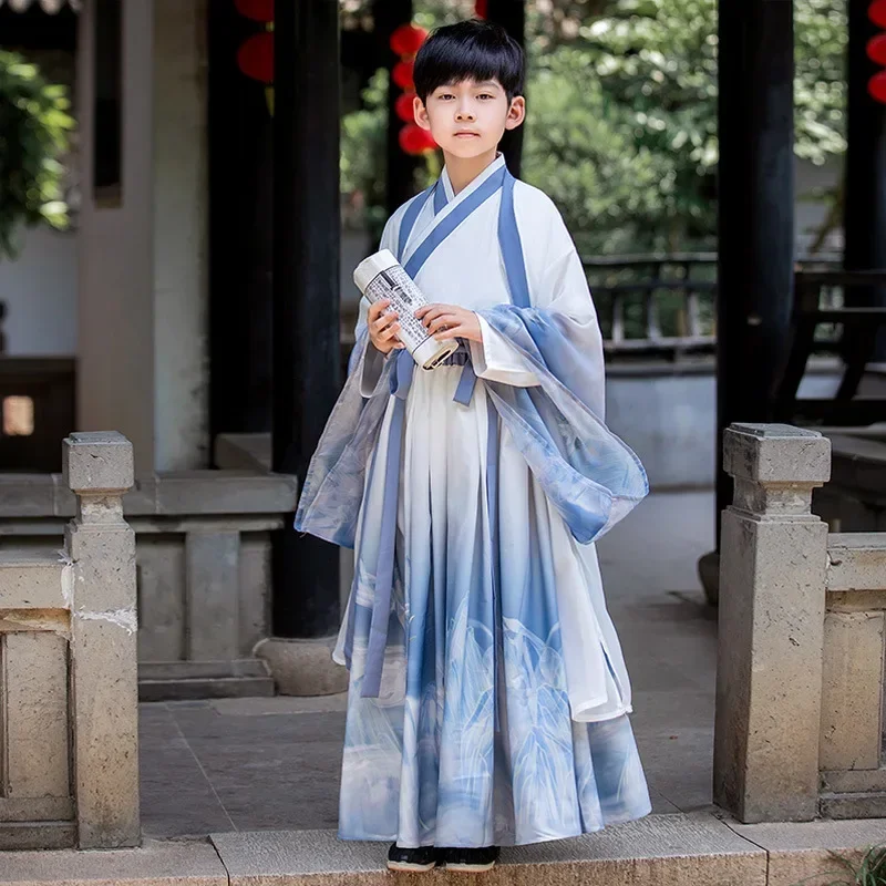 

Light Blue Style Children's Hanfu Tang Suit Traditional Chinese Young Master's Robe Boys Summer Thin Ancient Style GuoXue Suit