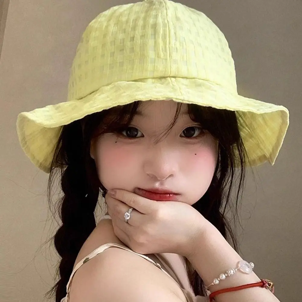 

Ins Japanese Plaid Bucket Cap Versatile Summer Fisherman Caps Short Brim Sweet Women's Sun Hat Outdoor