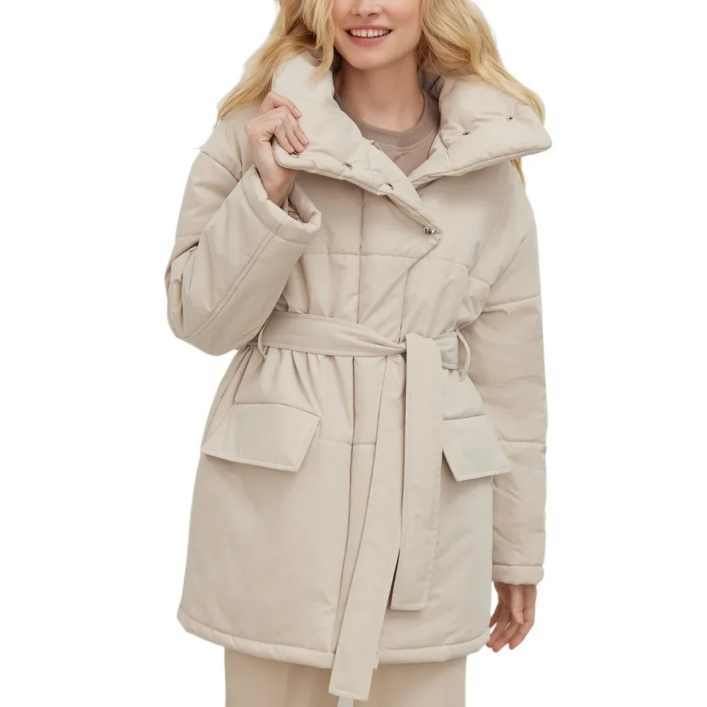 

Winter Women Belted Parkas Mid Long Cotton Jackets Cotton Clothes Female Loose Thickened Warm Quilted Jacket New Bread Clothing