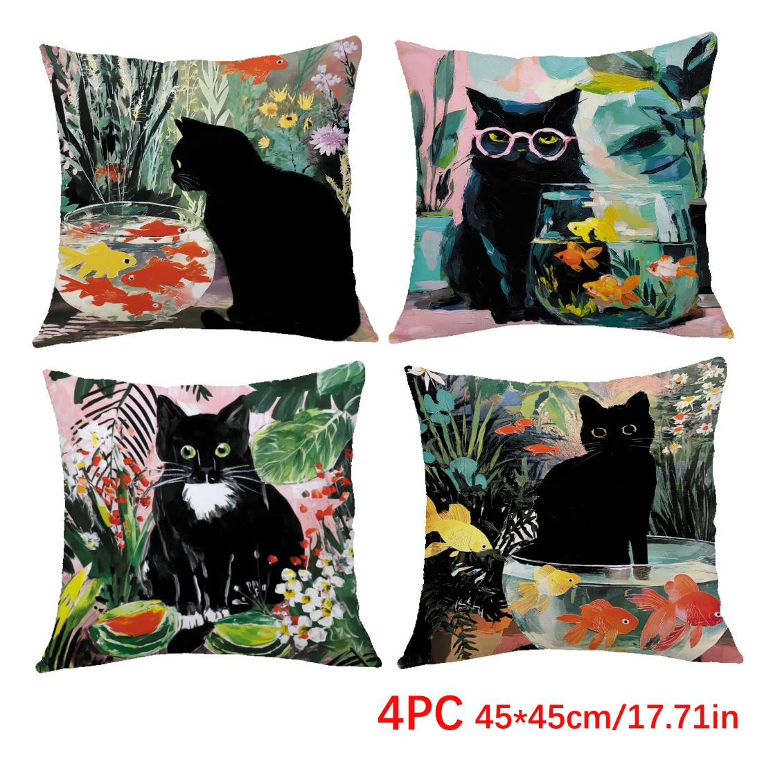 1/4pcs 45x45cm Cute Black Cat Fish Bowl Oil Painting Style Throw Pillow Covers Cushion cover