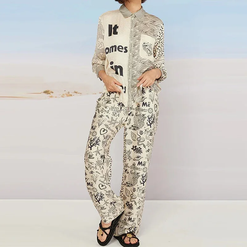 

Elegant Lapel Button Shirt+Pants Suit Chic High Street Long Sleeve Loose Outfit Casual Spring Summer Women's Two Piece Sets