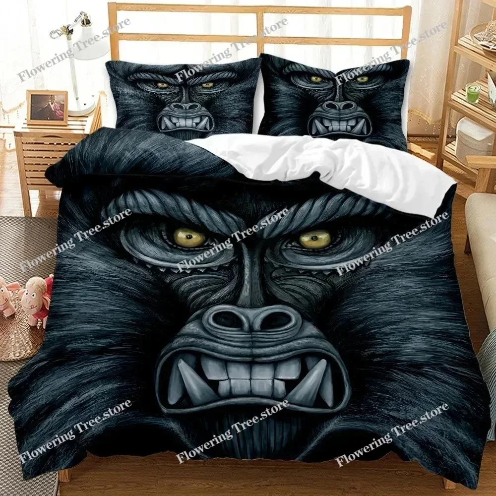 Monkey Duvet Cover Gorilla Head Bedding Set Boys Teens Red Hat Comforter Cover Wild Animal Polyester Quilt Cover Queen Full Size
