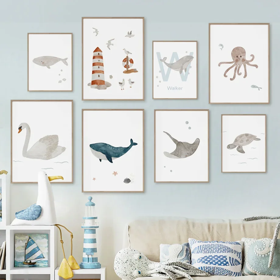 Name Whale Octopus Turtle Swan Sea Animal Nursery Wall Art Canvas Painting Poster And Prints Picture Baby Kids Room Decor