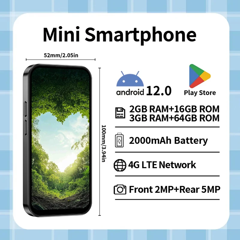 ONEMYTH M17 Pro 4 polegadas 3GB + 64GB Android 12.0 dual SIM 4G mini smartphone 2000mAh WiFi para crianças e idosos