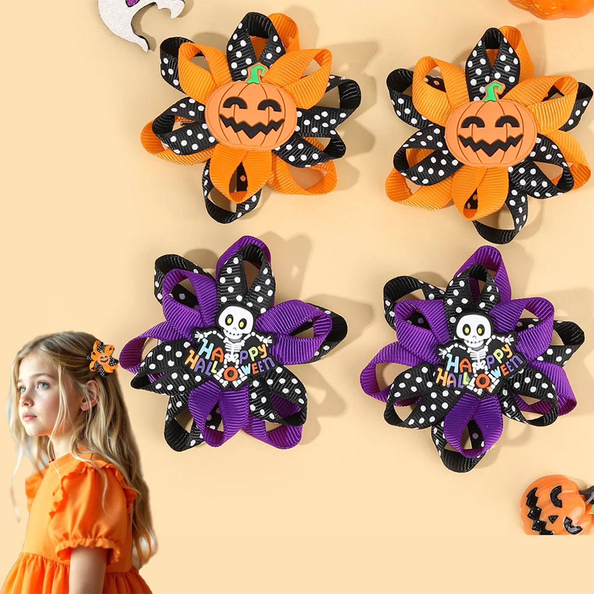 2/4Pcs Halloween Floral Hair Clips Set Dot Ribbon Gothic Hairpin Glitter Pumpkin Skull Barrette Girls Kids Headdress Accessories