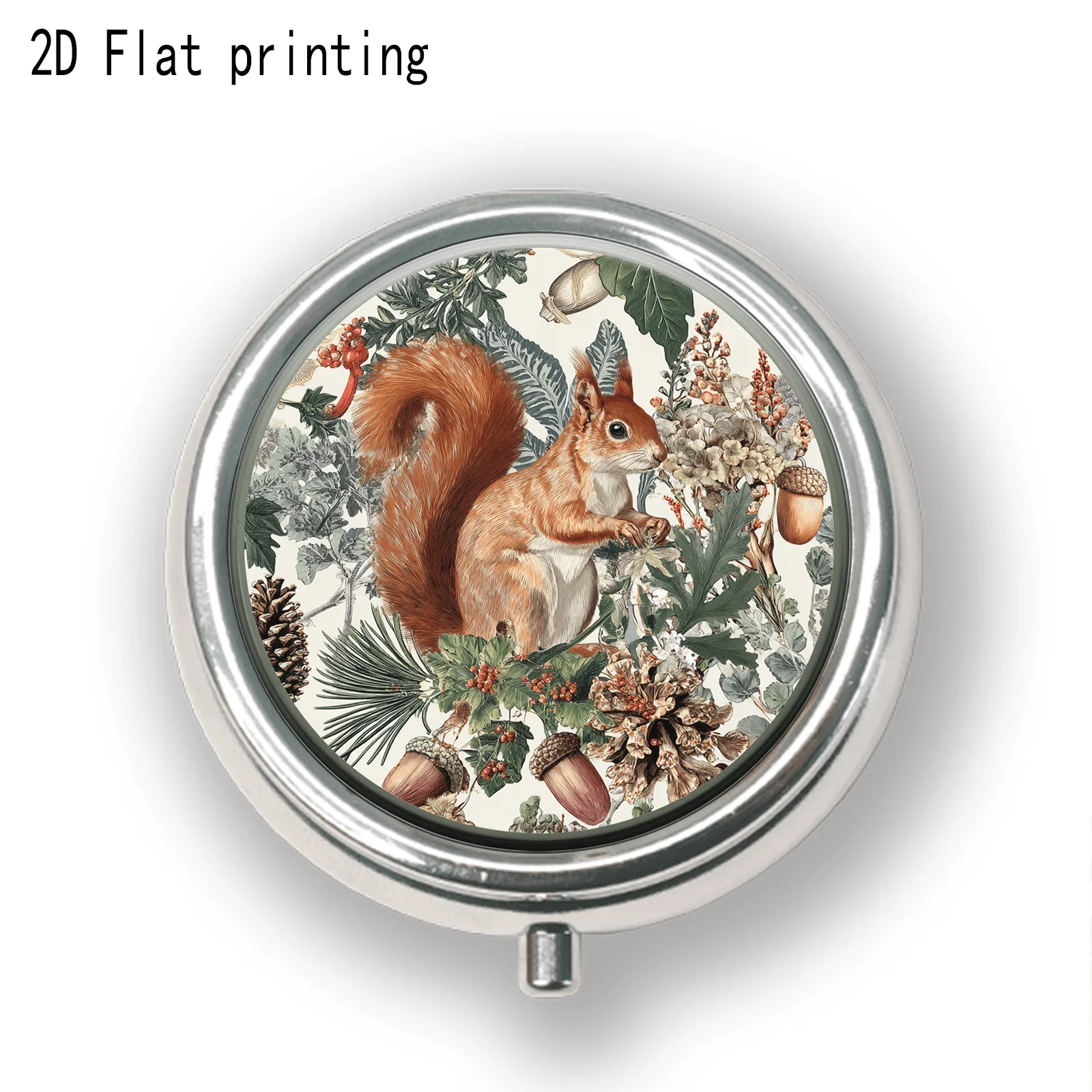 Forest-Style Engraved Red Squirrel Nut Plant Pattern, Round Three-Compartment Small Medicine Box, Portable Medicine Storage Box, Small Jewelry Storage Box, Suitable for Handbags or Travel, Holiday Gifts, Souvenirs, Prizes, Small Gifts, Suitable for Personal Use or as an Exquisite Gift Option