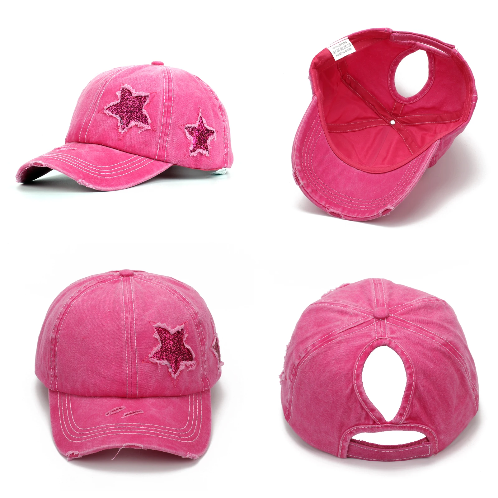 6 Colors Women's Distressed High Pony Cap With Glitter Star Summer Mesh Ball Cap Female Fashion HIp Hop Hats Casual Adjustable