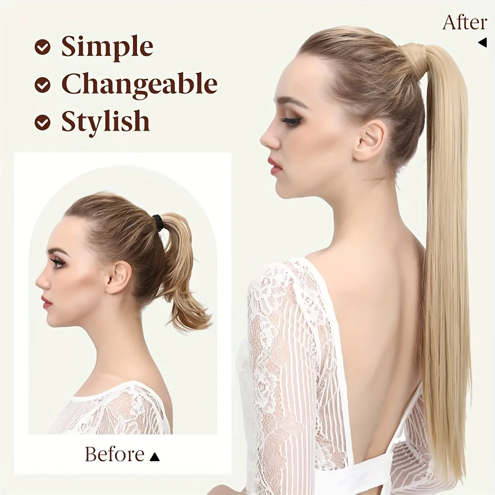 28 Inch Synthetic Ponytail Extensions Blonde Brown Braided Pony Tail Hairpiece Long Straight Rubber Band Hair For Women