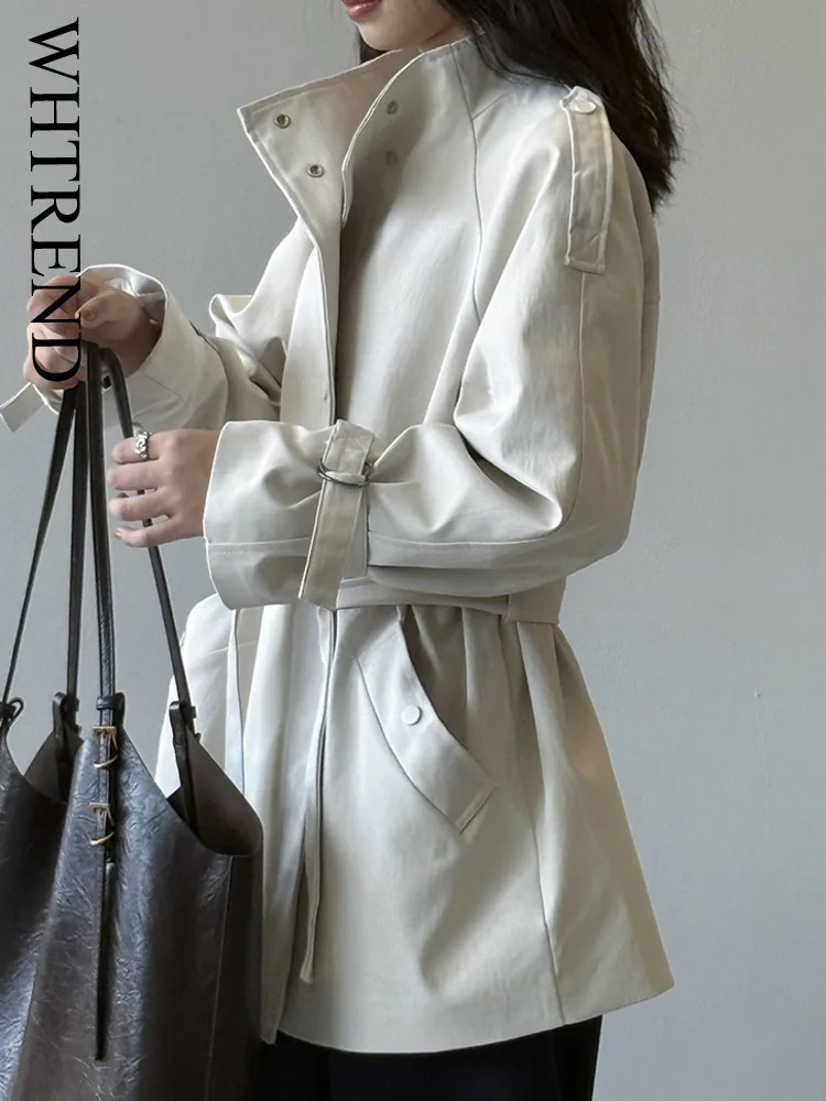 

WHTREND British Style Stand Collar Trench Coat For Women, Loose Casual Tie Waist Short Coat Autumn WH1820