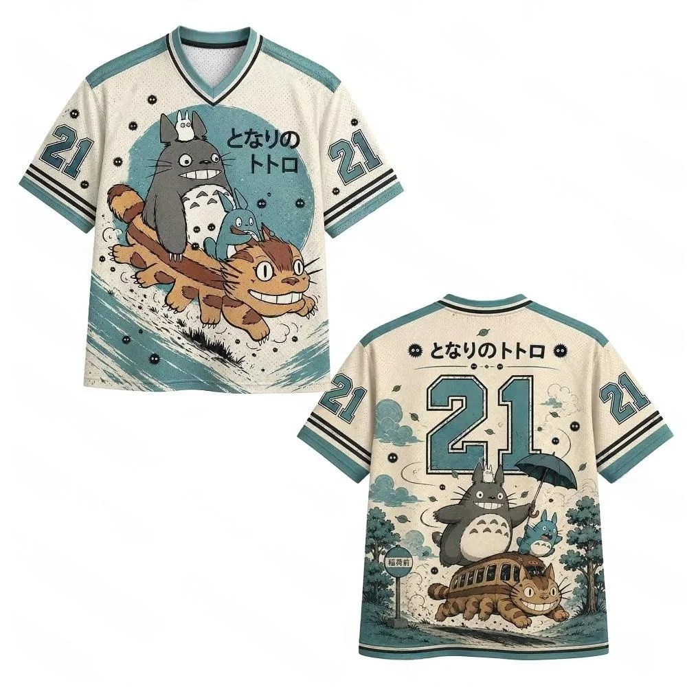 Retro healing Totoro 3D printed ball jersey with contrasting stripes on the bottom and a V-neck, niche mesh short sleeved shirt