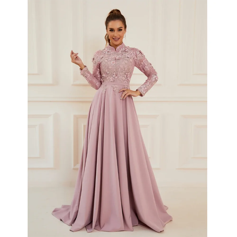 

Elegant Pink Wedding Bridesmaid Dresses Full Sleeves A-Line Floor Length Fancy Flowers High Quality Smart Female Prom Gowns