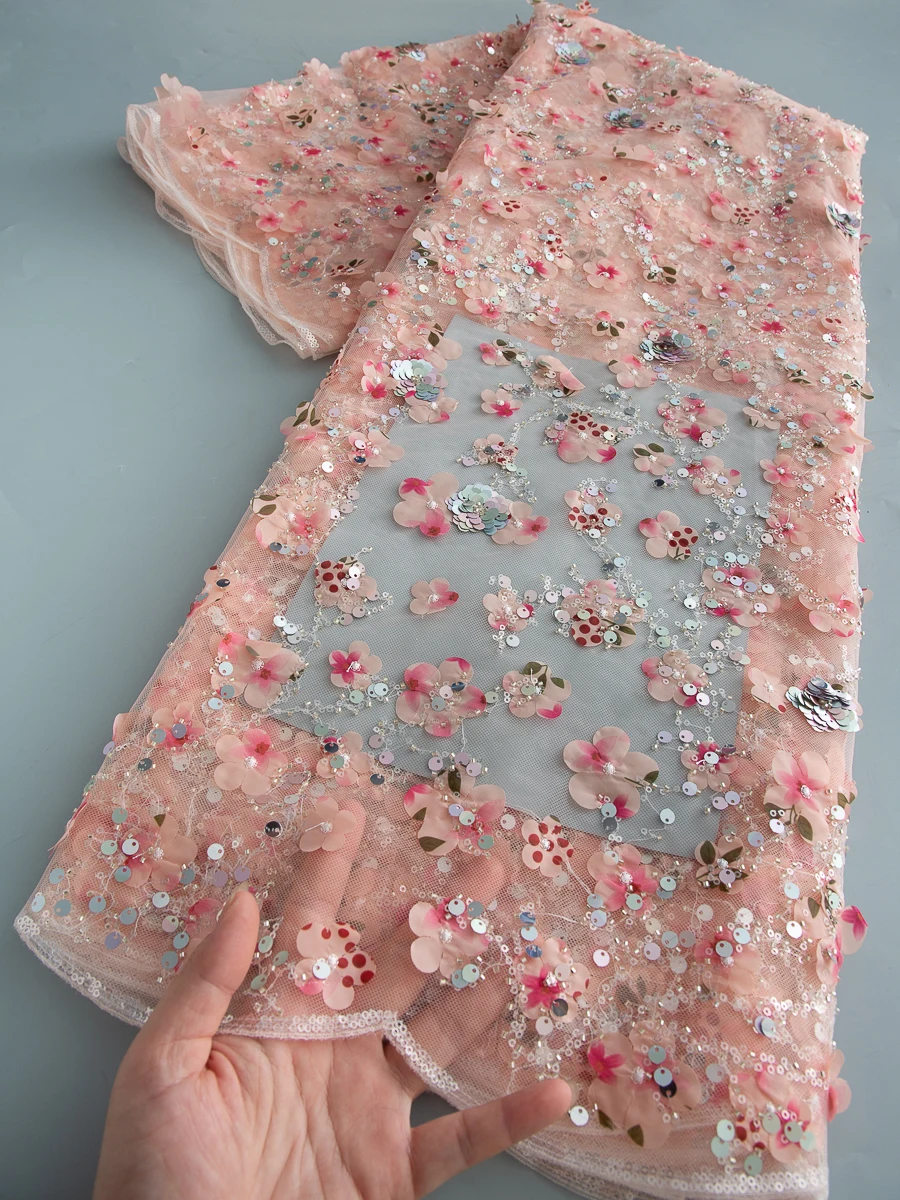 

Fashion Elegant French Embroidery Beaded Lace Fabric African Nigerian With Sequins Wholesale Fabric For Party Wedding Dress 4545