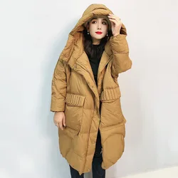 Women's Mid-length Hooded Overcoat, Loose Jackets, Warm Parkas, White Duck, Thick, Loose, Simple Outwear, Winter Coat, 90%