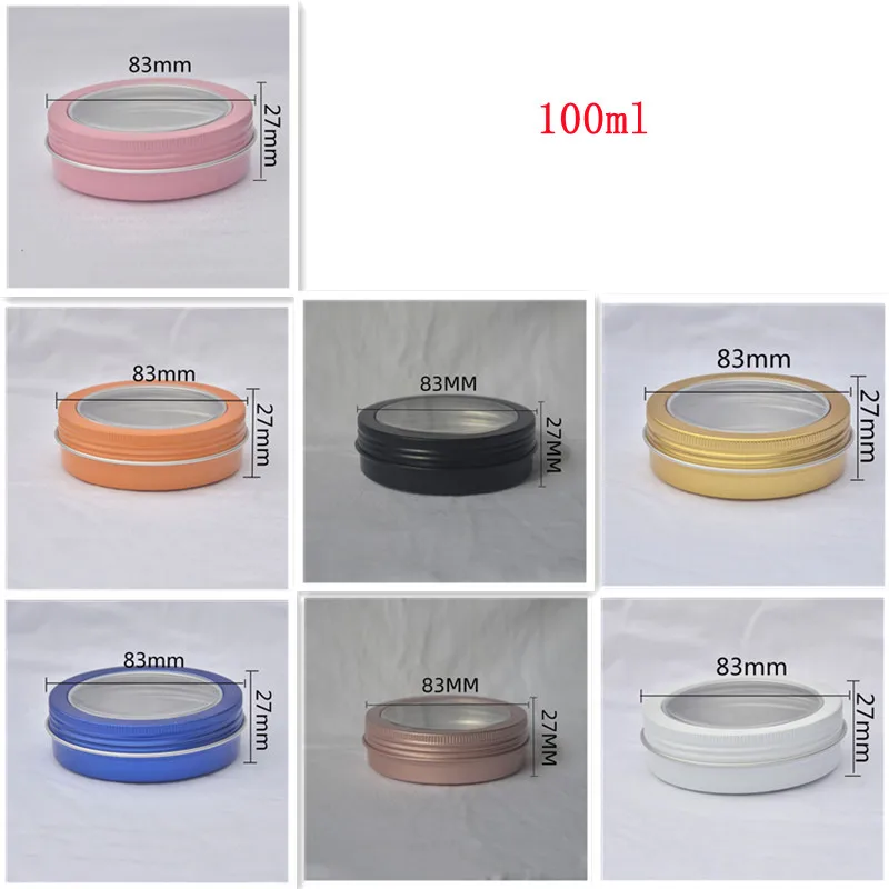200pcs Pink Blue Black Round 100ml Aluminum Tins Cans Screw Clear Window Cover Cosmetic Sample Storage Case Containers Jar Box