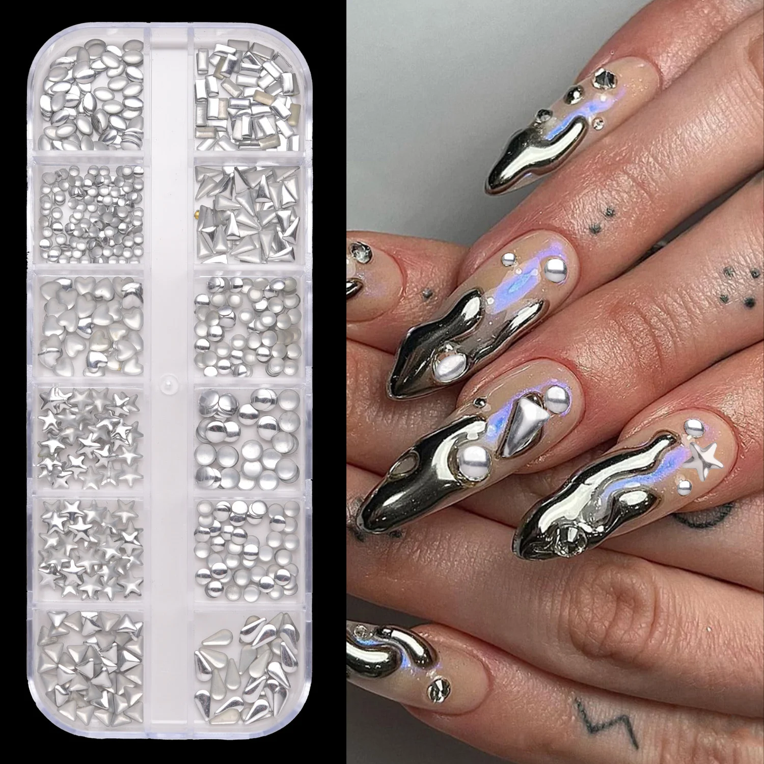 12-pack box of nail accessories: flat-bottom rhinestones, decorative nail embellishments, assorted small components, colorful nail stickers with rhinestones.