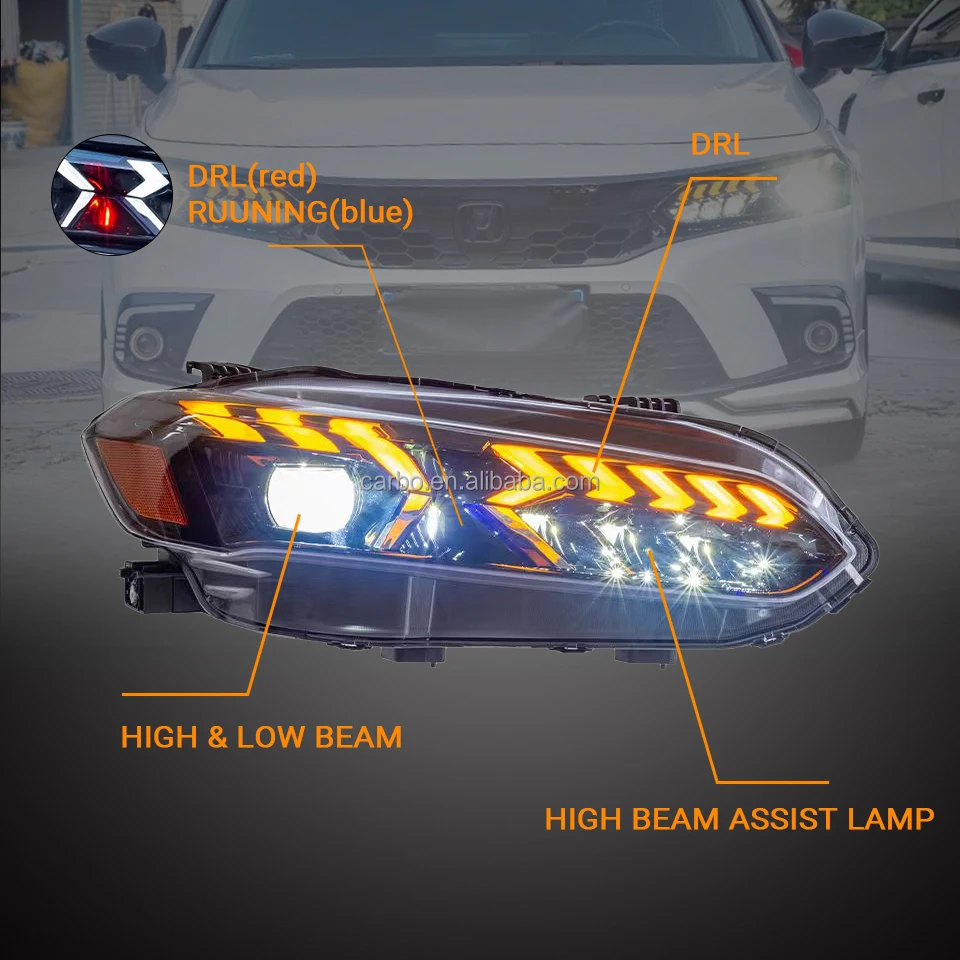 DK Motion Gemodificeerde Auto Koplamp Led Koplamp Montage Voorlamp Voor Honda Civic Sedan 11e Gen 2022 2023 2024