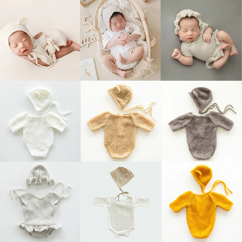 

Newborn Photography Bear Clothing Baby Posing For Photos Knitted Jumpsuit Hat Set Full Month Baby Studio Photo Shooting Costumes