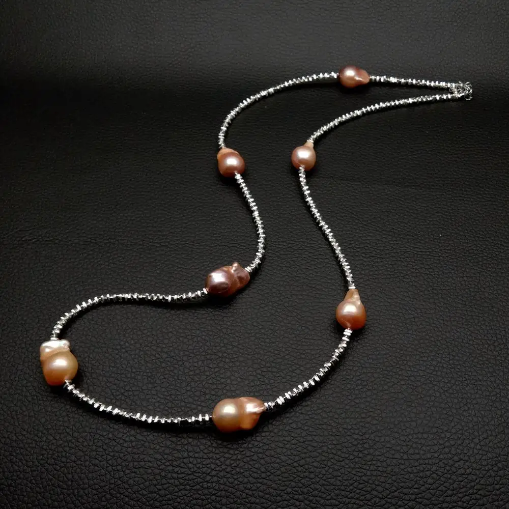 

YYGEM 14x17mmCultured Pink Purple Baroque Pearl Long Station Necklace 28"