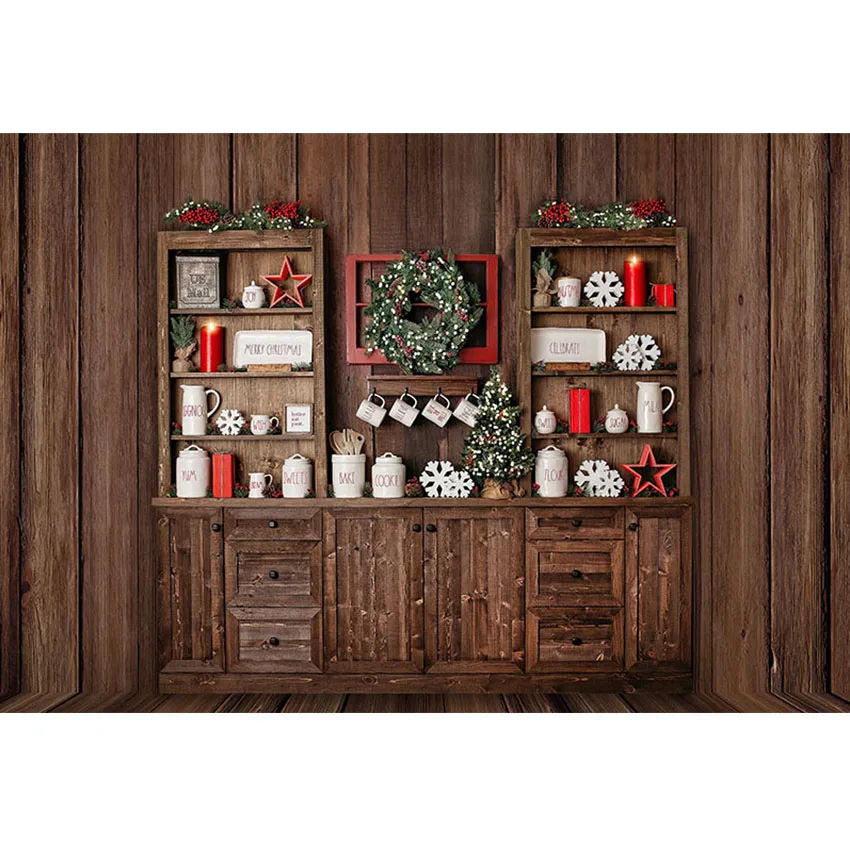 Merry Christmas Photography Backdrops Kitchen Wooden Cupboard White Brick Wall Child Family Cooking Photo Background Decoration