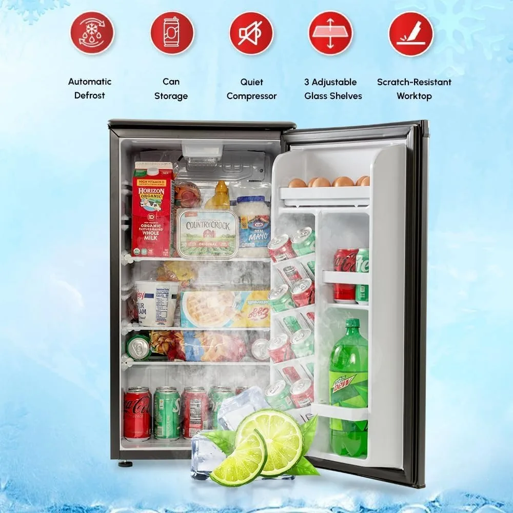 E-Star 3.3 Cu Ft Mini Fridge without Freezer - AUTO DEFROST, Reversible Single Door, Glass Shelf Refrigerator - A Space-Saving M