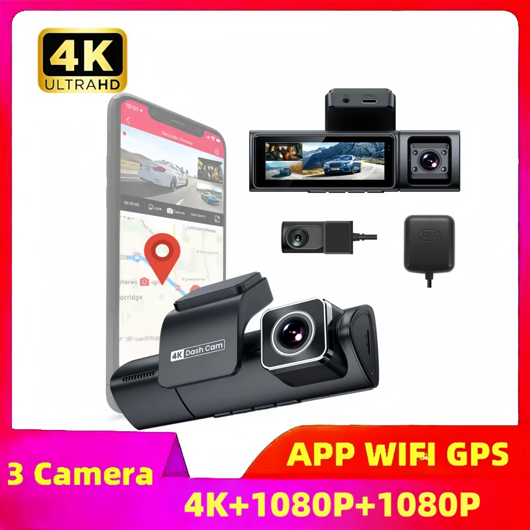 3 Channel 4K Dash Cam For Cars Built in GPS WIFI APP Car Camera 3.2Inch IPS Screen IR Night Vision Loop Recording Dashcam