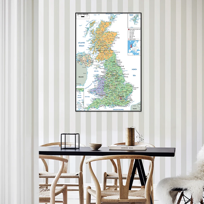 Educational Poster United Kingdom Map Painting Frameless for Decoration Gift Living Room Bedroom Wall Art in English  A1/A2/A3