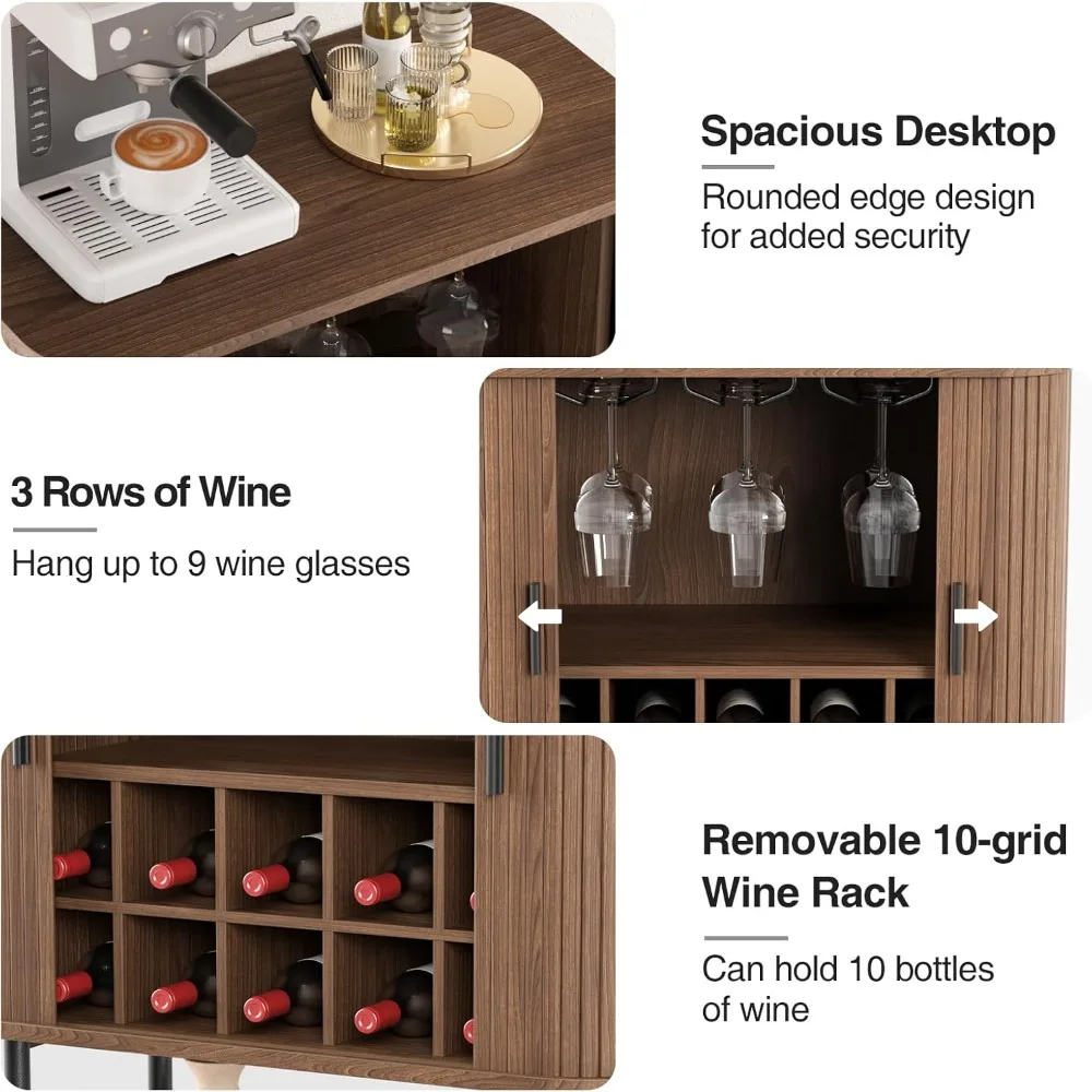 خزانة بار القهوة مع مساحة تخزين، خزانة النبيذ المخددة مع أبواب منزلقة، حامل زجاجي ورف النبيذ، كابينة الخمور ذات الخزانة الجانبية للبوفيه #4