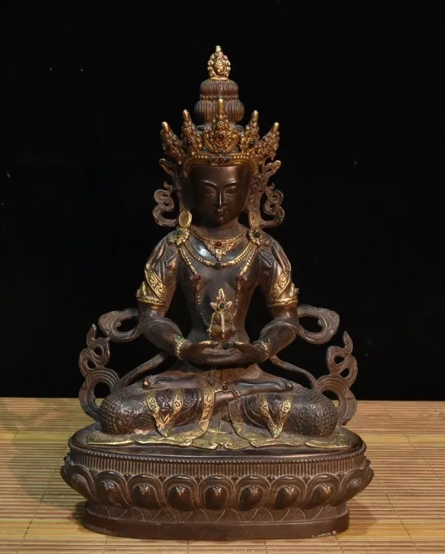 Tibet Buddhism bronze gilt gem Guru Amitayus longevity God Goddess Buddha Statue