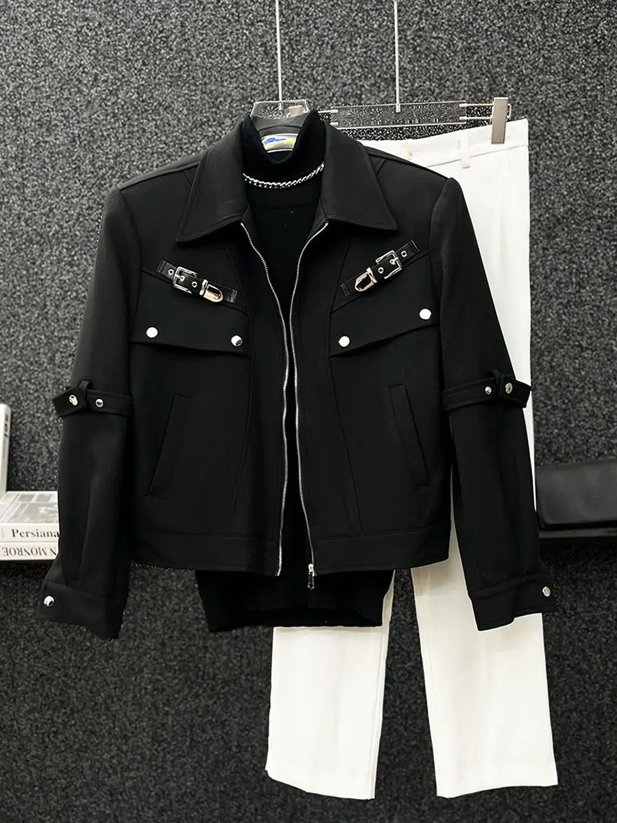 

Короткое пальто, мужская куртка, американская металлическая пуговица на молнии, индивидуальный дизайн, модная осенняя новая черная мужская одежда, подплечник черного цвета