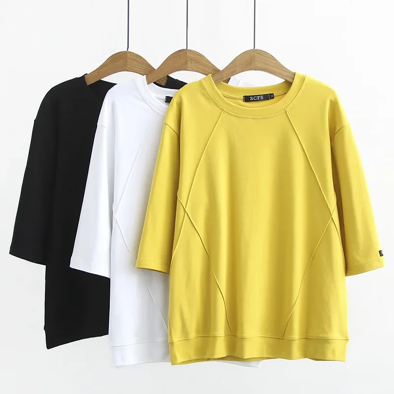 

Plus Size Basic T-Shirt Women 2023 Spring Patchwork O-Neck Tees Half Sleeve Bottoming Tops Oversized Curve Clothes V601