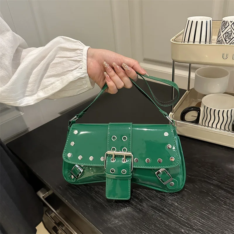 

New Punk Style Women's Bags - Patented Leather Magnetic Buckle Oblique Span Bag, Studded Hollow Underarm Bag & Handbag