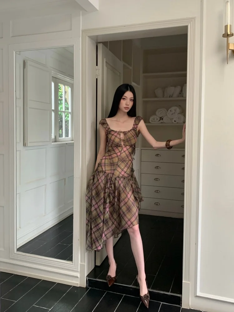 Summer Plaid Chiffon Chic Backless Sexy Sling Dress Women Elegant Bandage Casual Dress 2026 Korean Bodycon Luxury Evening Dress